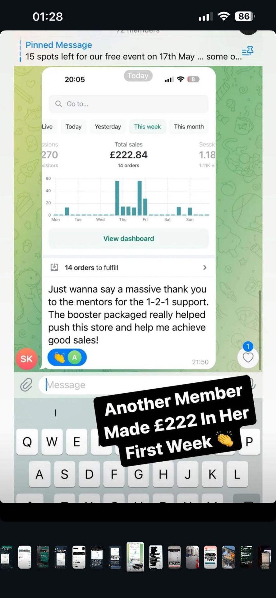 Community screenshot — £222 in her first week