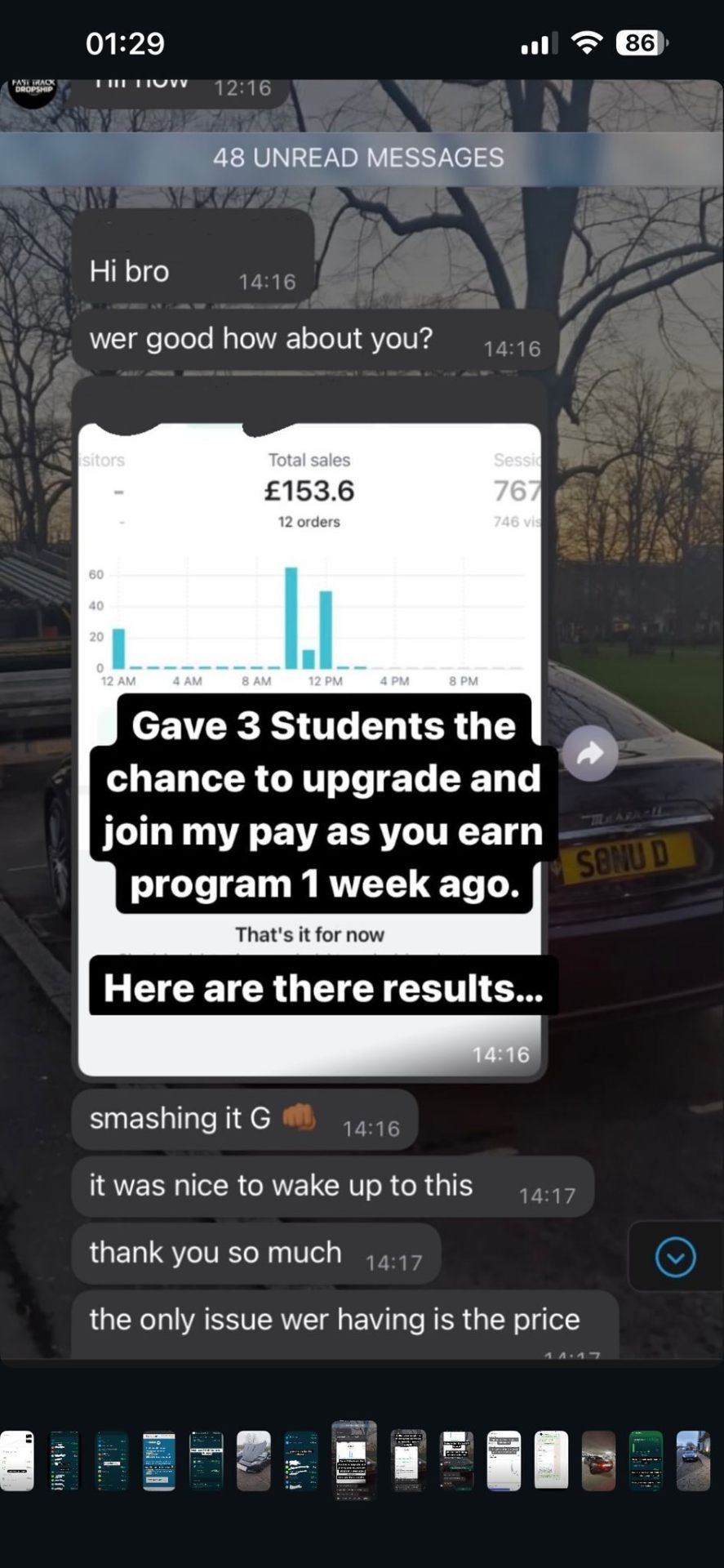 £153 in 12 orders — student's Shopify dashboard