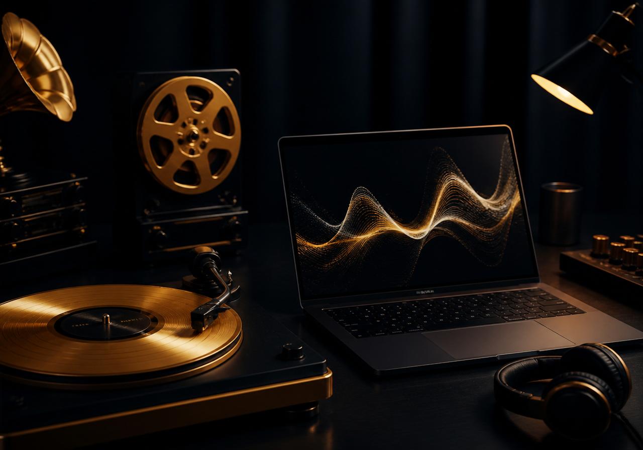 Digital assets represented by a gold vinyl record, film reel and laptop with waveform art